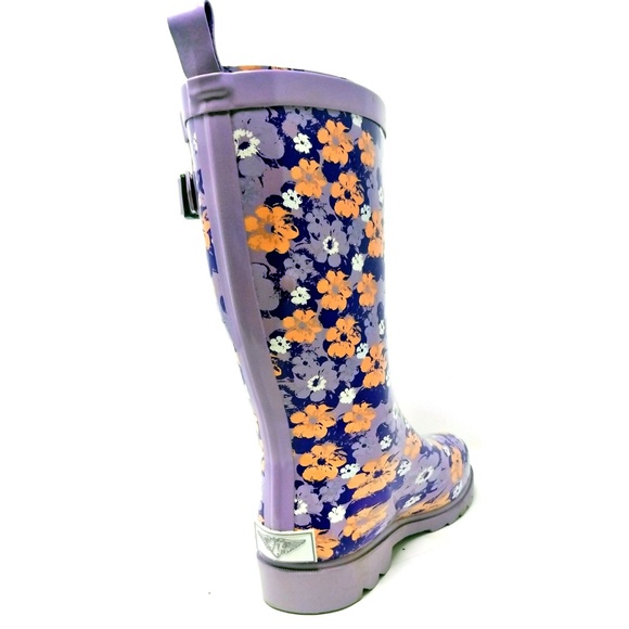 Women Rain Boots, 11" Mid-Calf Purple Flower Rubber - Picture 3 of 6